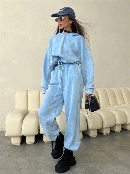 Damen kurz geschnittenes Kapuzenhoodie und hoch geschnittene Jogginghose Set Shop Nory