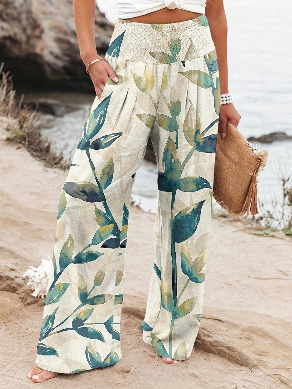 Damen Weit geschnittene Strandhose mit floralem Motiven und elastischem Bund