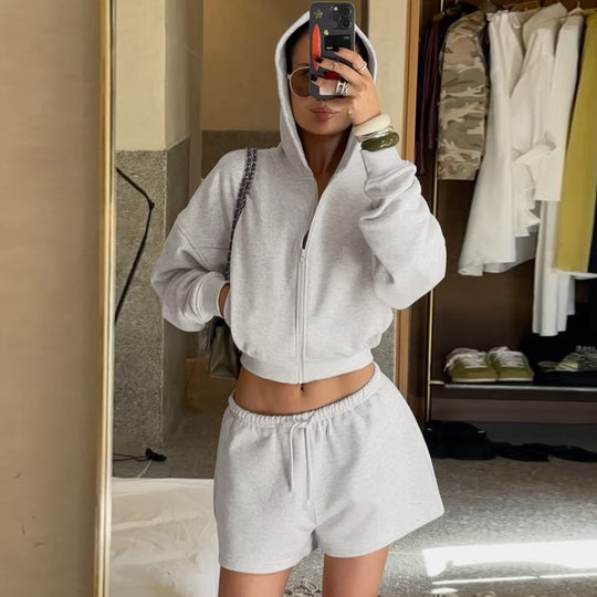 Damen nan kurzes Kapuzen-Hoodie und Drawstring-Shorts Lounge-Set mit durchgehendem Reißverschluss und taillenhohem Bindebund Shop Nory