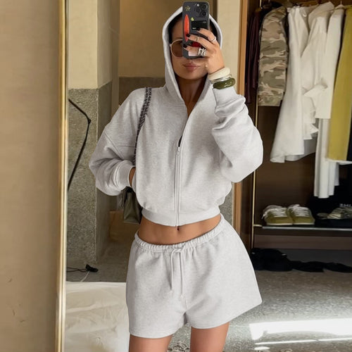 Damen nan kurzes Kapuzen-Hoodie und Drawstring-Shorts Lounge-Set mit durchgehendem Reißverschluss und taillenhohem Bindebund Shop Nory