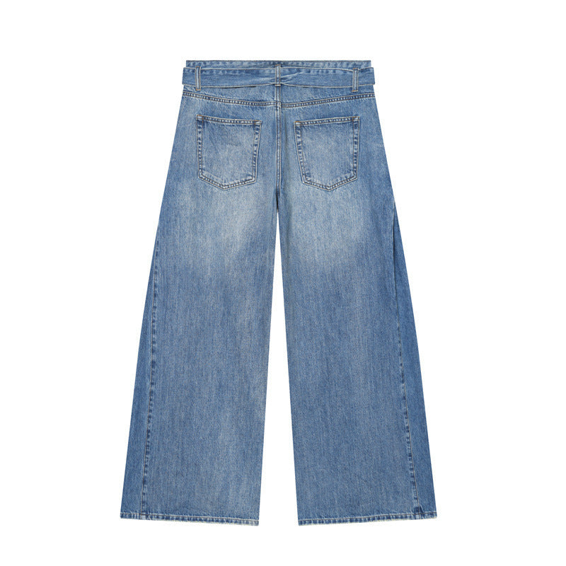 Damen Weite Denim-Hose mit seitlichen Falteneinsätzen, High‑Waist und Taillengürtel Shop Nory