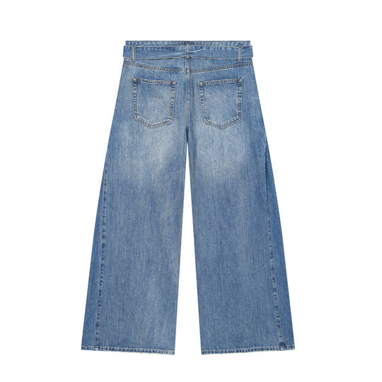 Damen Weite Denim-Hose mit seitlichen Falteneinsätzen, High‑Waist und Taillengürtel Shop Nory