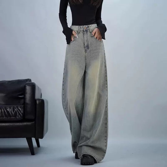 Damen trendige Baggy-Jeans mit hohem Bund und weiten Beinen