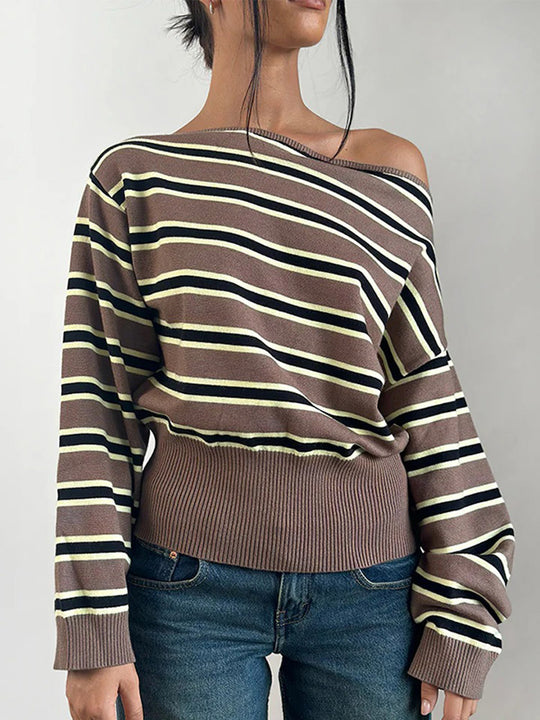 Damen Feinstrick-Boatneck-Pullover mit asymmetrischem Schulterfall, breitem Rippbund und lässigen Ballonärmeln Shop Nory