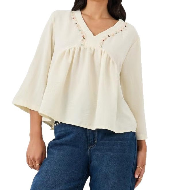 Damen Lockeres V‑Ausschnitt Blusentop mit Stickdetail und Empire‑Raffung Shop Nory