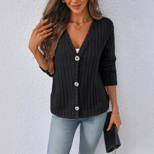 Damen gerippter V-Ausschnitt Strickcardigan mit dekorativen Knöpfen, leicht überschnittener Schulter und kastigem Saum Shop Nory