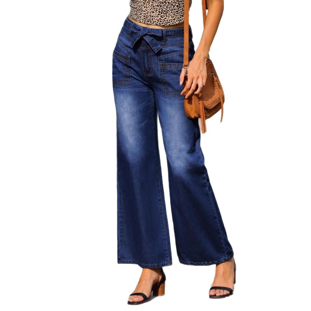 Damen Hochtaillierte weite Jeanshose mit Schleifenbund und aufgesetzten Taschen Shop Nory