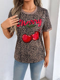Damen lässiges T-Shirt mit Leopardenmuster und frischem Kirschen-Print