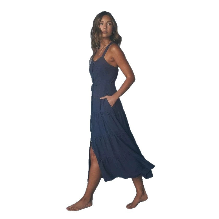 Damen Maxikleid mit nostalgischem Knopfverschluss und verstellbaren Trägern Shopnory