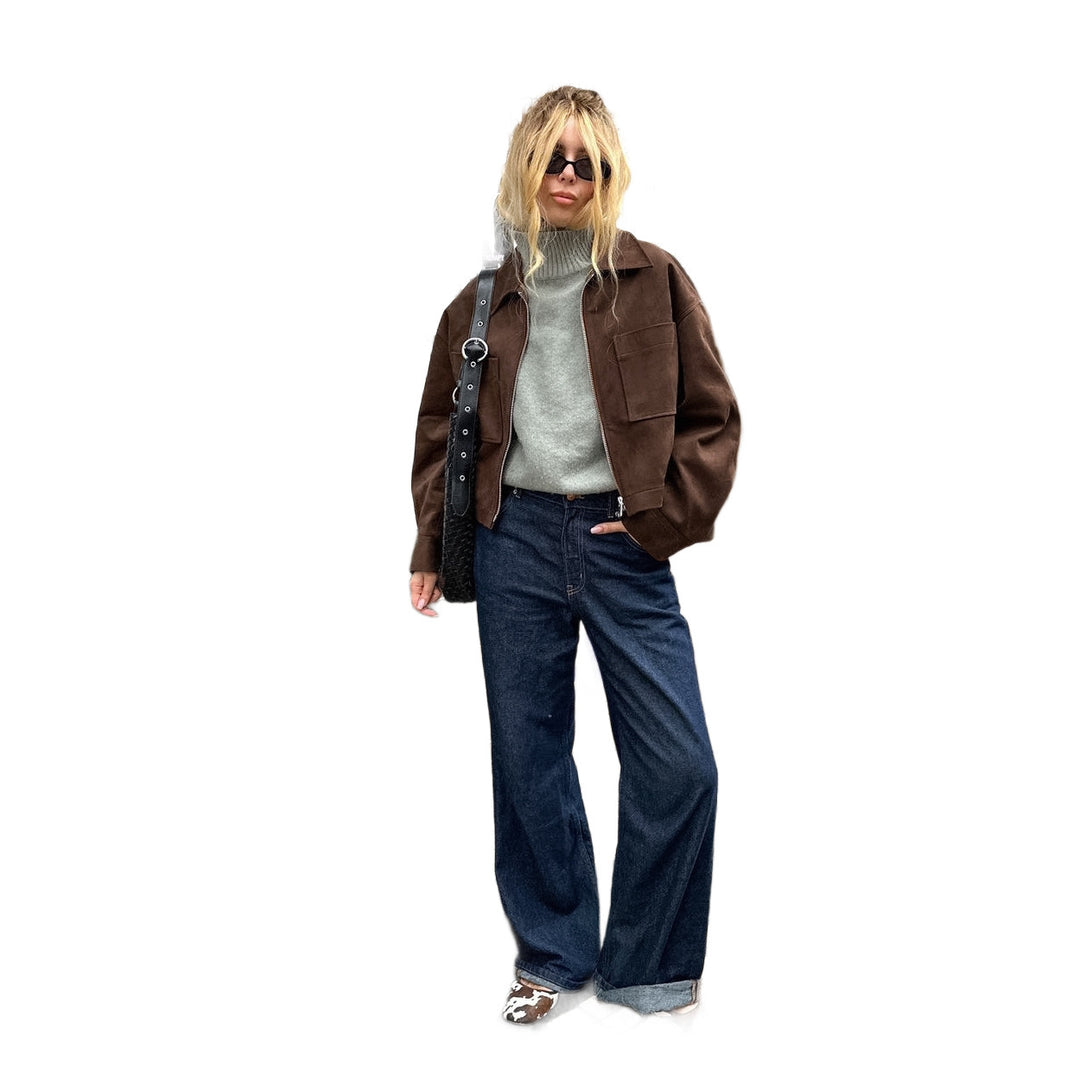 Damen Kurz geschnittene Velours-Workerjacke mit Reißverschluss und aufgesetzten Taschen Shop Nory
