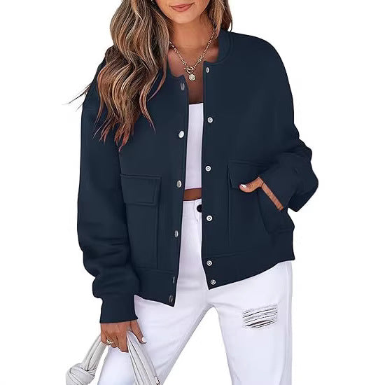 Damen Oversized Bomberjacke aus French Terry mit Druckknopf und aufgesetzten Taschen Shop Nory