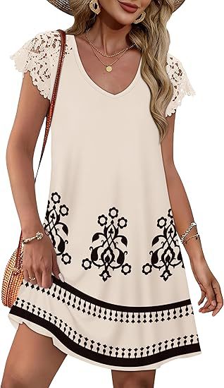 Damen Sommerkleid mit eleganten Spitzenärmeln und floralem Muster