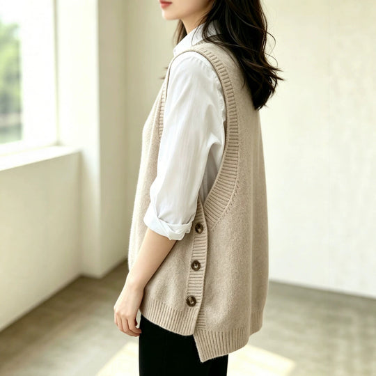 Damen Strickweste mit seitlichen Knopfleisten und Rundhalsausschnitt Shop Nory