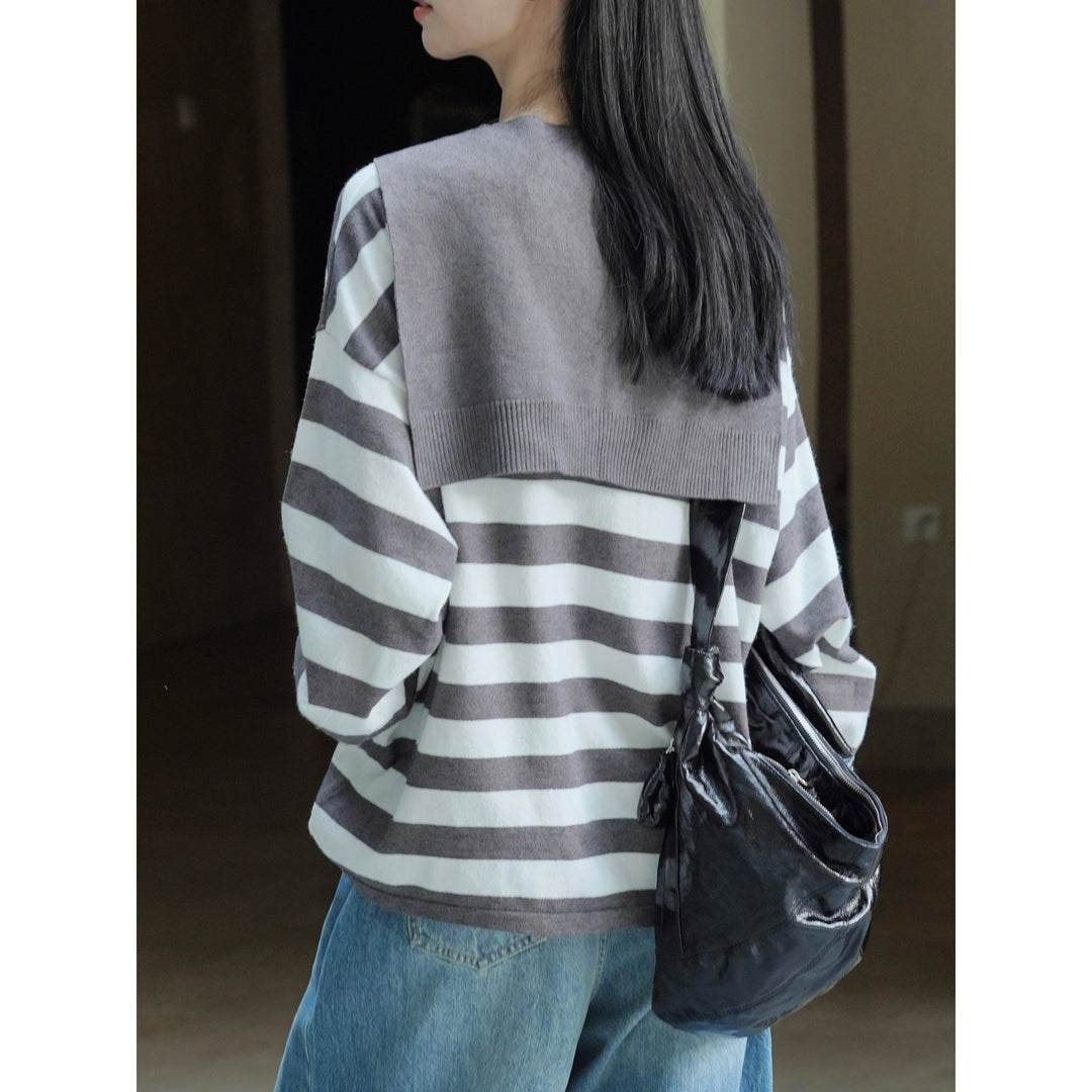 Damen Gestreifter Baumwoll-Feinstrickpullover mit aufgesetztem Strickschal Shop Nory