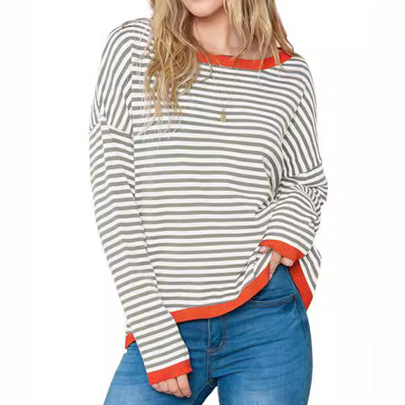 Damen nan gestreifter Baumwollpullover mit Rundhalsausschnitt, legerer Passform und gerippten Abschlüssen Shop Nory