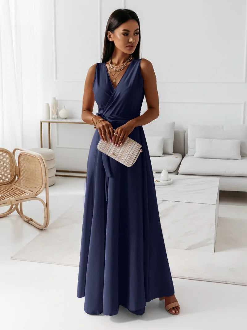 Damen Wickel-Maxikleid mit tiefem V-Ausschnitt und fließendem Schnitt
