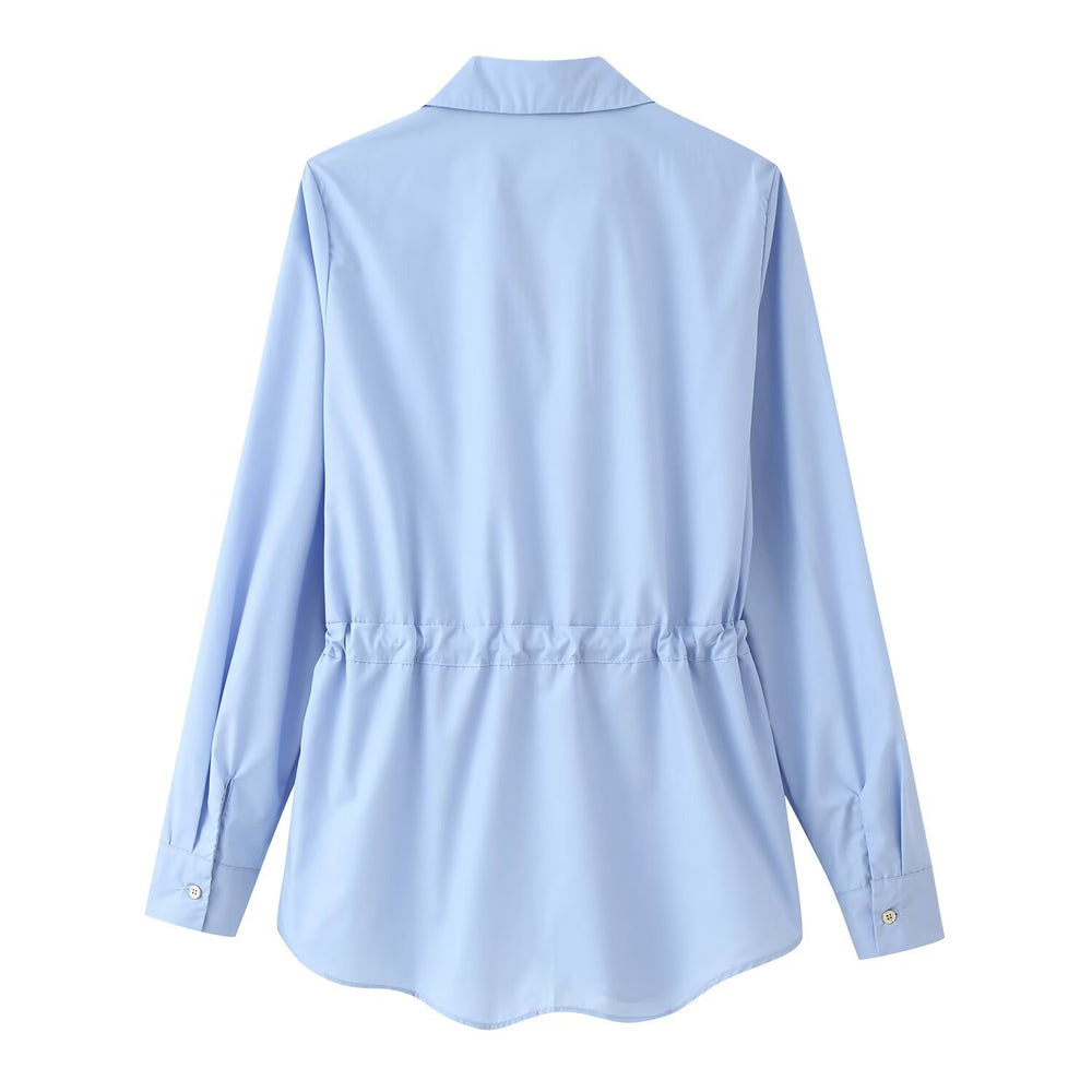 Damen Lässige Hemdbluse mit Tunnelzugtaillierung, Kentkragen und durchgehender Knopfleiste Shop Nory