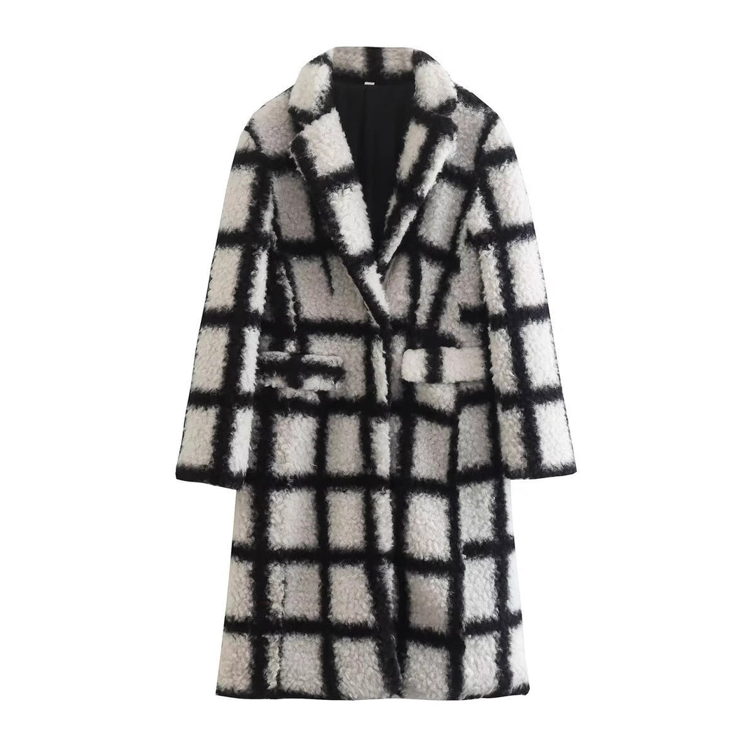 Damen Langer Karierter Teddymantel mit Reverskragen und aufgesetzten Pattentaschen Shop Nory