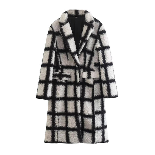Damen Langer Karierter Teddymantel mit Reverskragen und aufgesetzten Pattentaschen Shop Nory