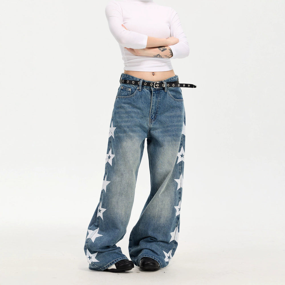 Damen Modische Weitgeschnittene Jeans mit Sternen-Design Shop Nory