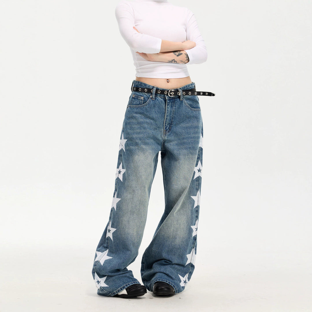 Damen Modische Weitgeschnittene Jeans mit Sternen-Design Shop Nory