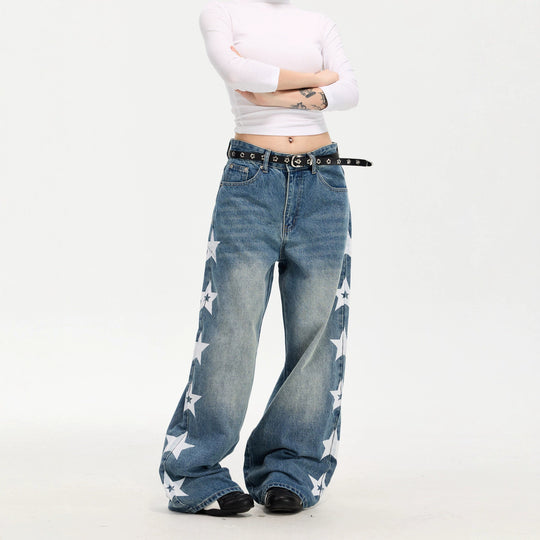 Damen Modische Weitgeschnittene Jeans mit Sternen-Design Shop Nory