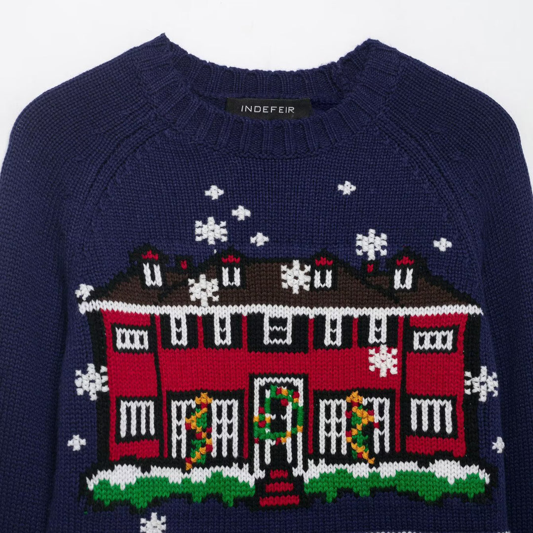 Damen Cropped-Weihnachtspullover mit Intarsia-Hausmotiv und Rundhalsausschnitt Shop Nory