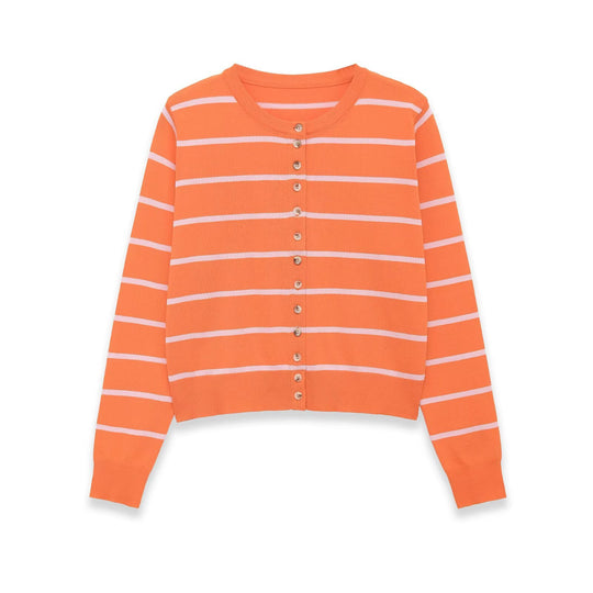 Damen Kurzgeschnittener Feinstrick‑Cardigan mit horizontalen Streifen und Perlmuttknöpfen Shop Nory