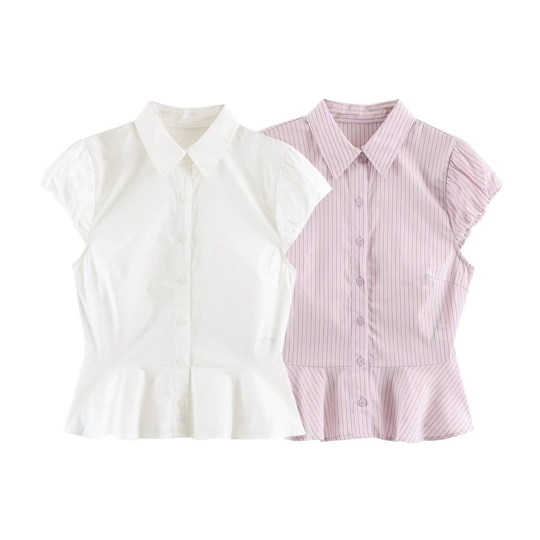 Damen Taillierte Kurzarm-Bluse mit Schößchen, Hemdkragen und feinem Nadelstreifen Shop Nory