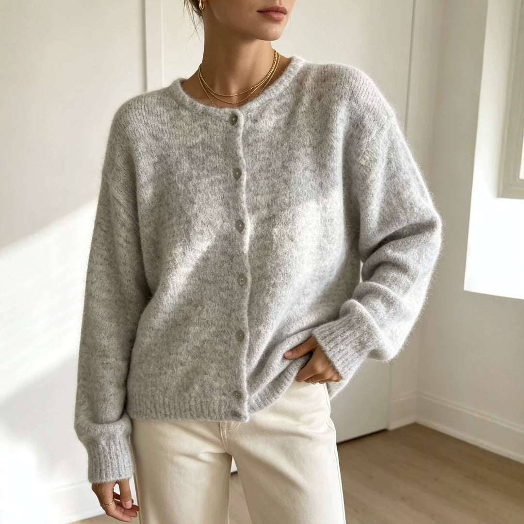 Damen Rundhals-Strickjacke mit weichem Flormix, Knopfverschluss und gerippten Bündchen Shop Nory