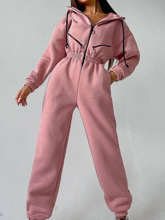 Damen Taillierter Kapuzen-Sweat-Jumpsuit mit Reißverschluss und elastischem Taillenbund Shop Nory