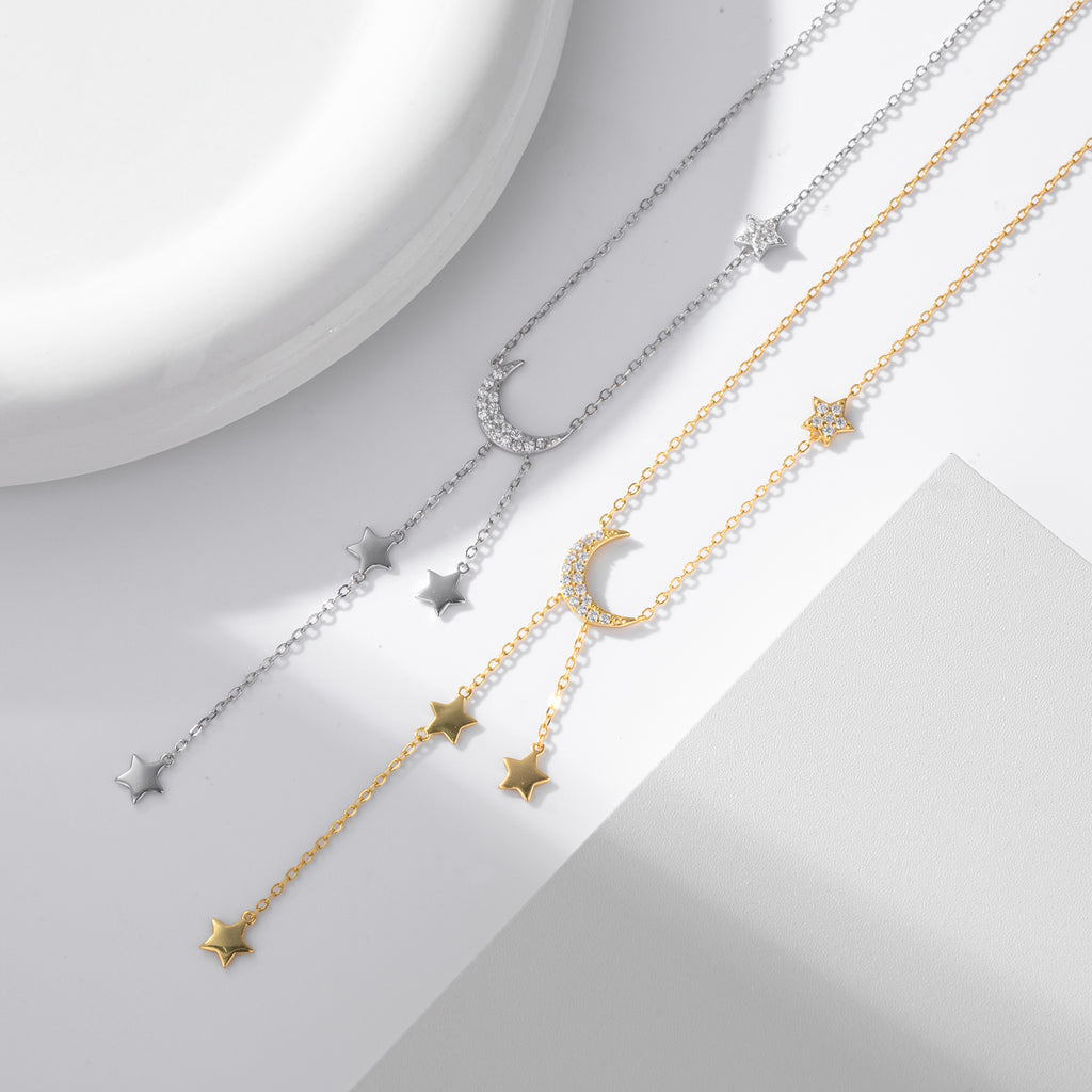 Damen Halskette mit funkelndem Mond- und Sternenmotiv aus hochwertigem 925 Sterling Silber Shop Nory