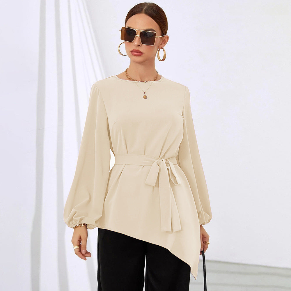 Damen asymmetrische Tunika-Bluse mit Ballonärmeln und Taillengürtel Shop Nory