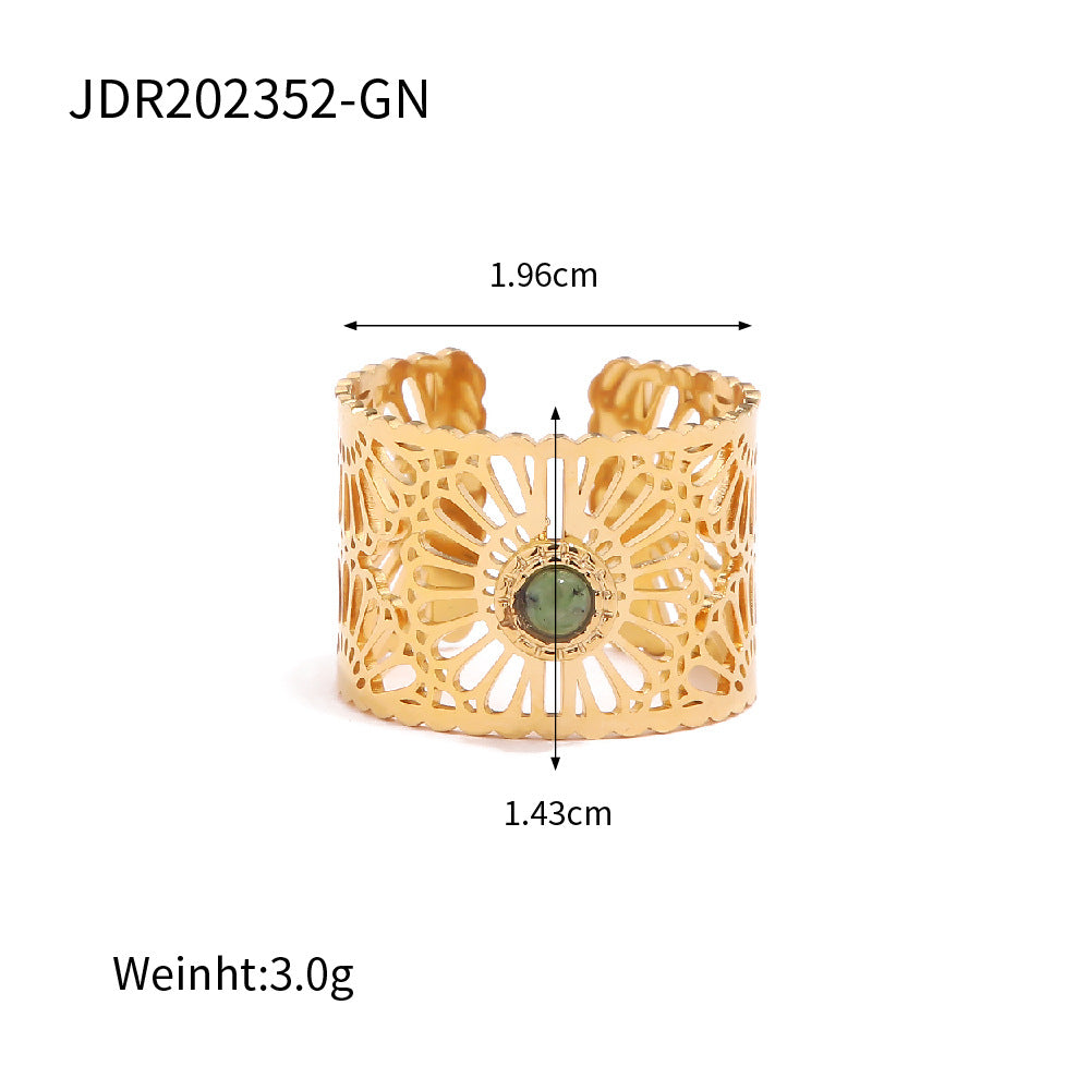Damen Offener Armreif mit kunstvollem Blumenmuster und grünem Stein Shop Nory