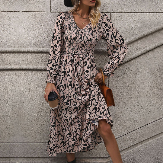 Damen Midikleid mit elastischem Smock-Oberteil, abstraktem Allover‑Print und ausgestelltem Volant‑Saum Shop Nory