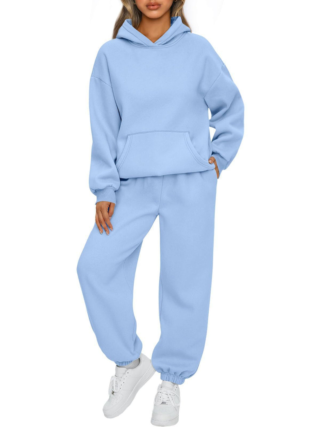 Damen nan gemütliches French-Terry Loungewear-Set mit doppellagiger Kapuze, Kängurutasche und elastischem Knöchel-Jogger Shop Nory