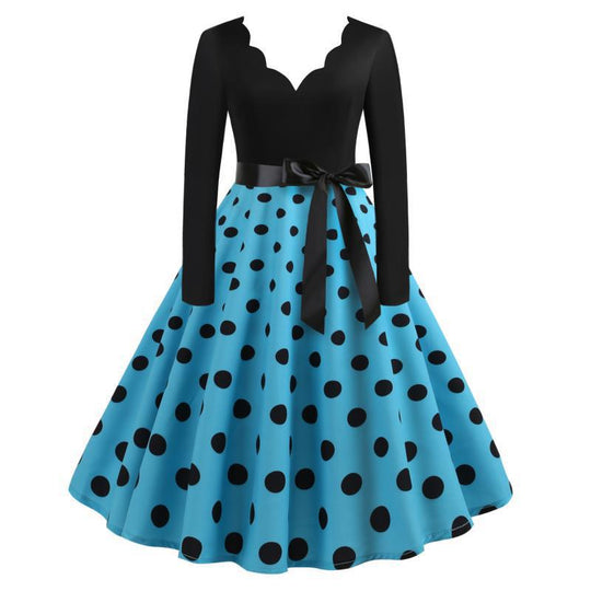 Damen Retro-Swingkleid mit welligem Ausschnitt, taillierter Satin-Schärpe und Tellerrock Shop Nory