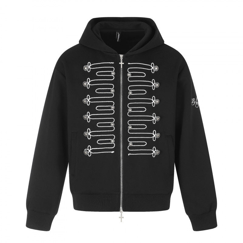 Unisex Reißverschluss-Kapuzenjacke im Military-Look mit Kordelstickerei und Kreuz-Zipper Shop Nory