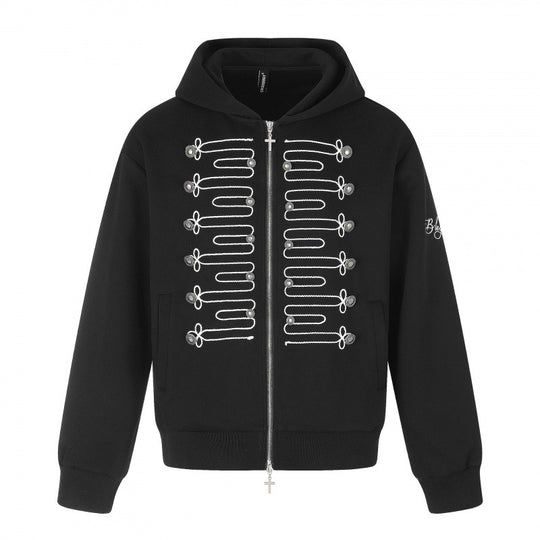 Unisex Reißverschluss-Kapuzenjacke im Military-Look mit Kordelstickerei und Kreuz-Zipper Shop Nory