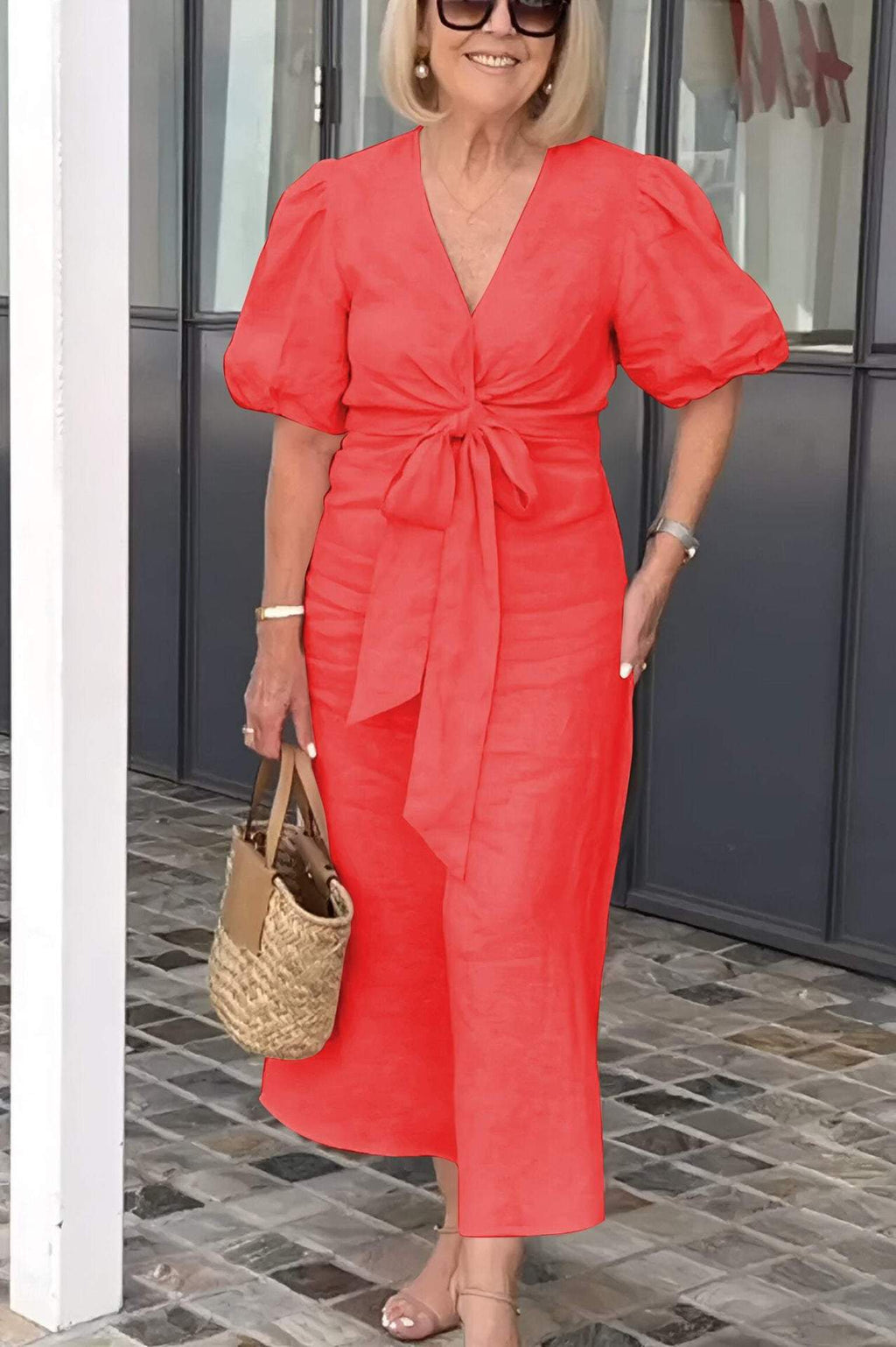 Damen Maxikleid mit eleganten Puffärmeln und Taillenknoten