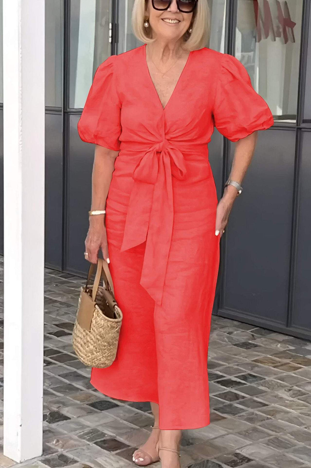Damen Maxikleid mit eleganten Puffärmeln und Taillenknoten
