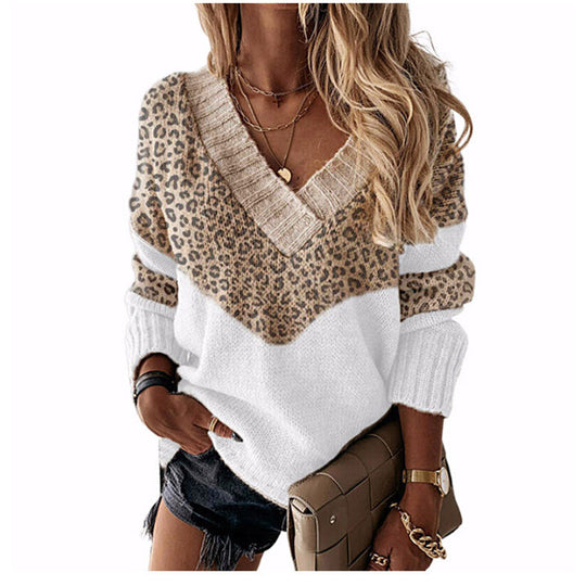 Damen V‑Ausschnitt Strickpullover mit Leo‑Print und Colorblock‑Design Shop Nory