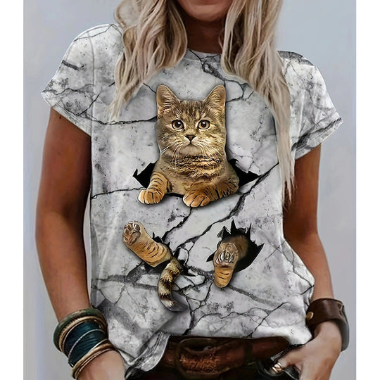 Damen T-Shirt mit 3D-Katzenmotiv und kreativem Rissdesign