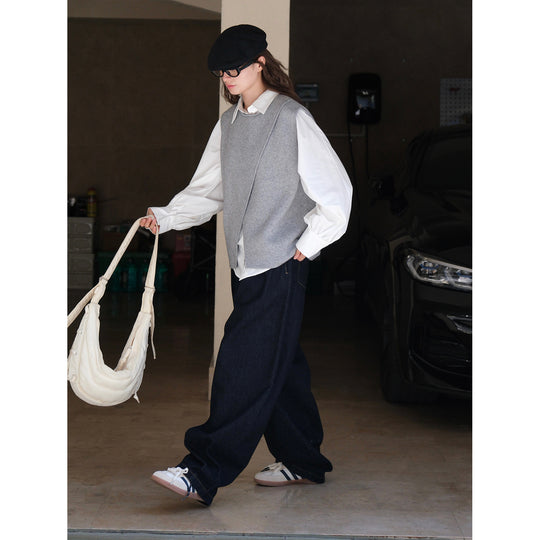 Damen Asymmetrische Strickweste mit drapiertem Vorderteil und Rundhals Shop Nory