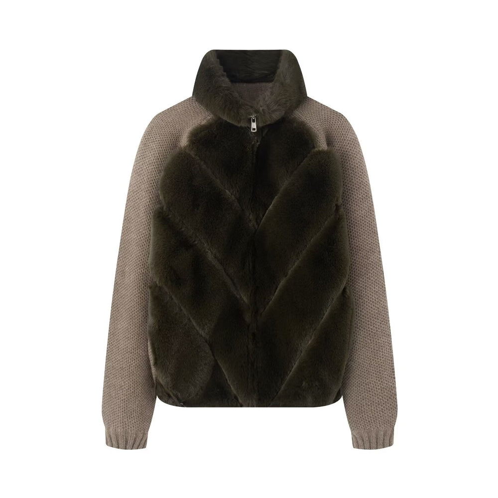 Damen Kurzjacke mit Kunstpelz‑Einsatz, grobgestrickten Ärmeln und Stehkragen Shop Nory