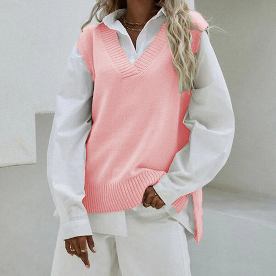 Damen Ärmellose Strickweste mit V-Ausschnitt und seitlichen Schlitzen Shop Nory