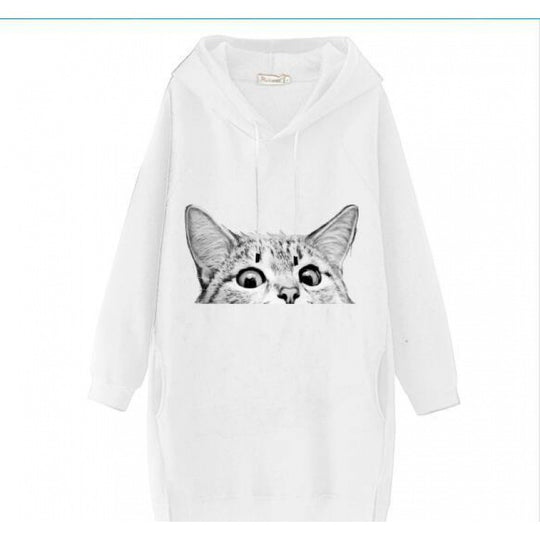 Damen Oversize Kapuzenkleid aus Sweat mit großem Katzenprint und Seitentaschen Shop Nory