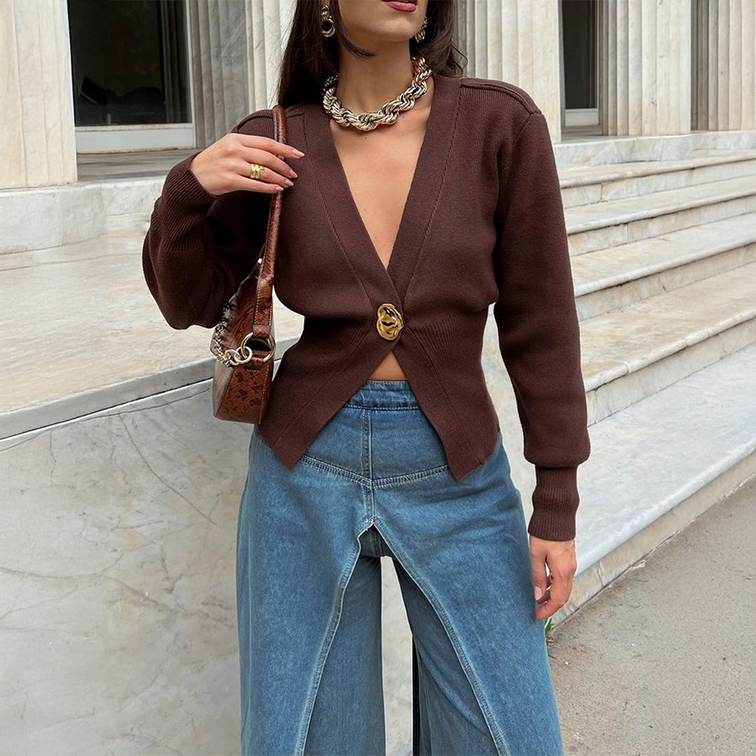 Damen nan taillierter Kurzcardigan mit tiefem V-Ausschnitt und dekorativem Zierknopf Shop Nory