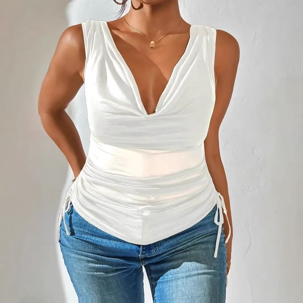 Damen Ärmelloses drapiertes V-Ausschnitt Top mit seitlicher Raffung Shop Nory