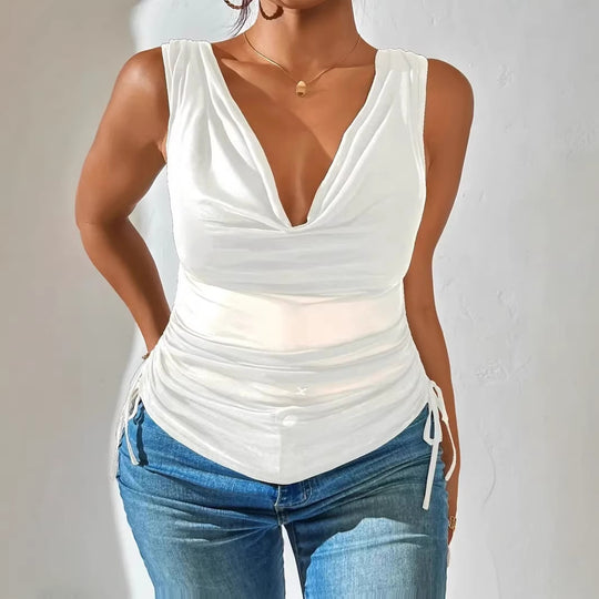 Damen Ärmelloses drapiertes V-Ausschnitt Top mit seitlicher Raffung Shop Nory